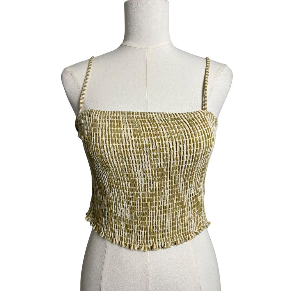 SISSTR Tank Top Womens Medium Green Smocked Square Neck Stretch Cropped Cami